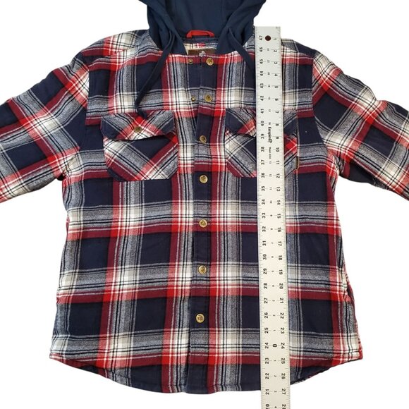 Legendary Outfitters Flannel Shirt Jacket Mens Size Small Red Plaid Print Hooded - Picture 6 of 12